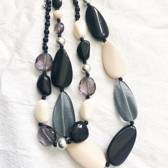 Black Cream Purple Grey Silver Layered Multistrand Bead Statement Necklace - Picture 5 of 9